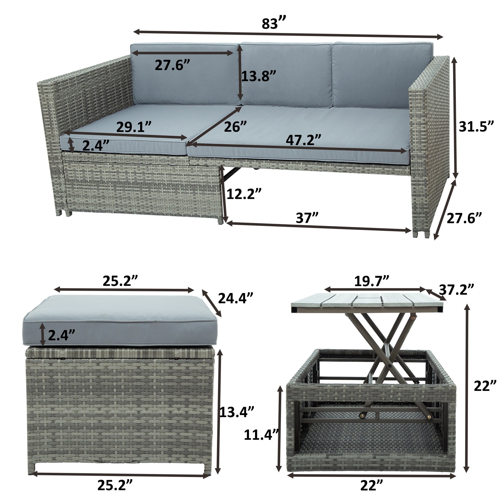 Grey 4 Piece PE Wicker Rattan Outdoor Sofa Set O24269