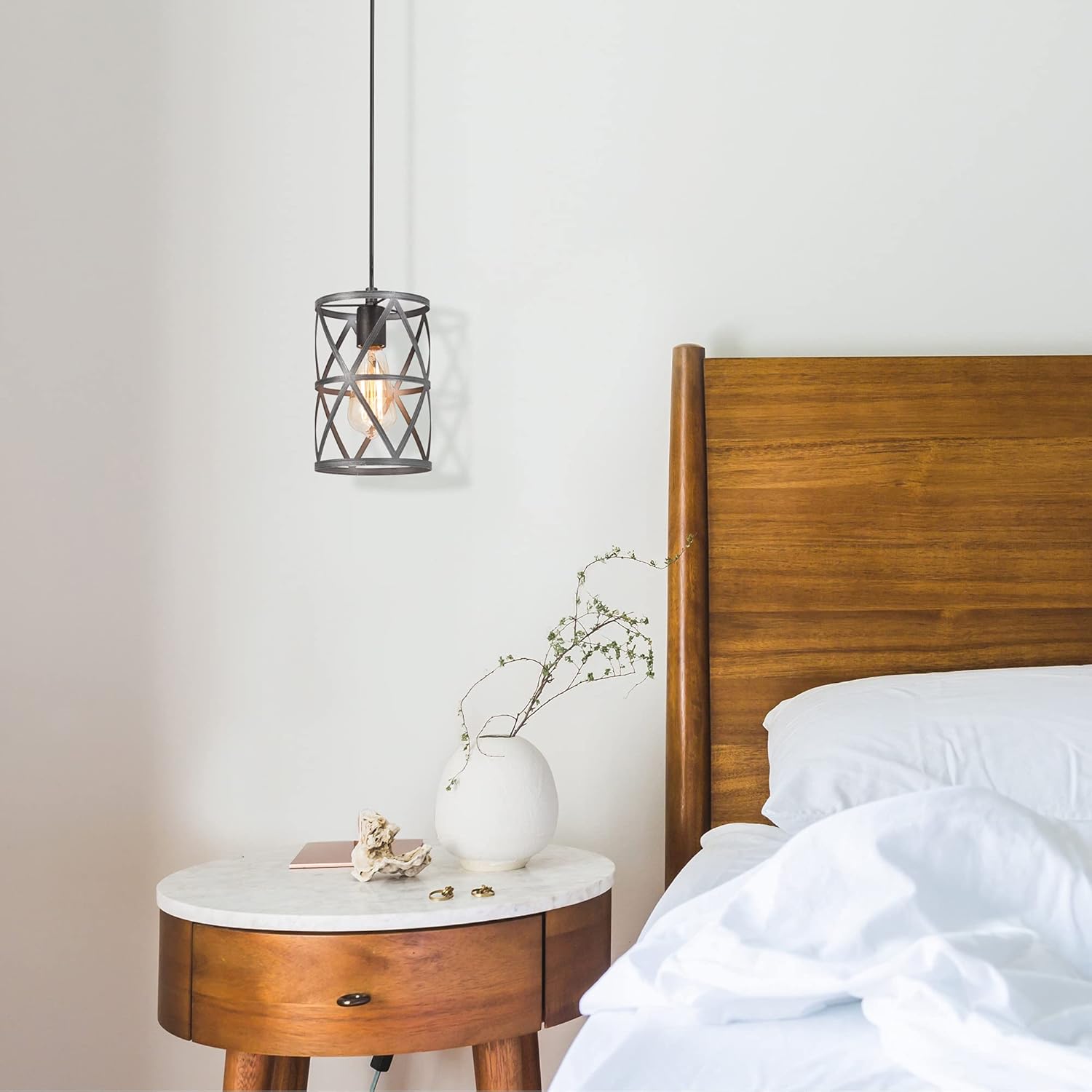 Farmhouse Pendant Lighting, Modern Industrial Cage Light Fixture, Brushed Antique Silver Finish L9903