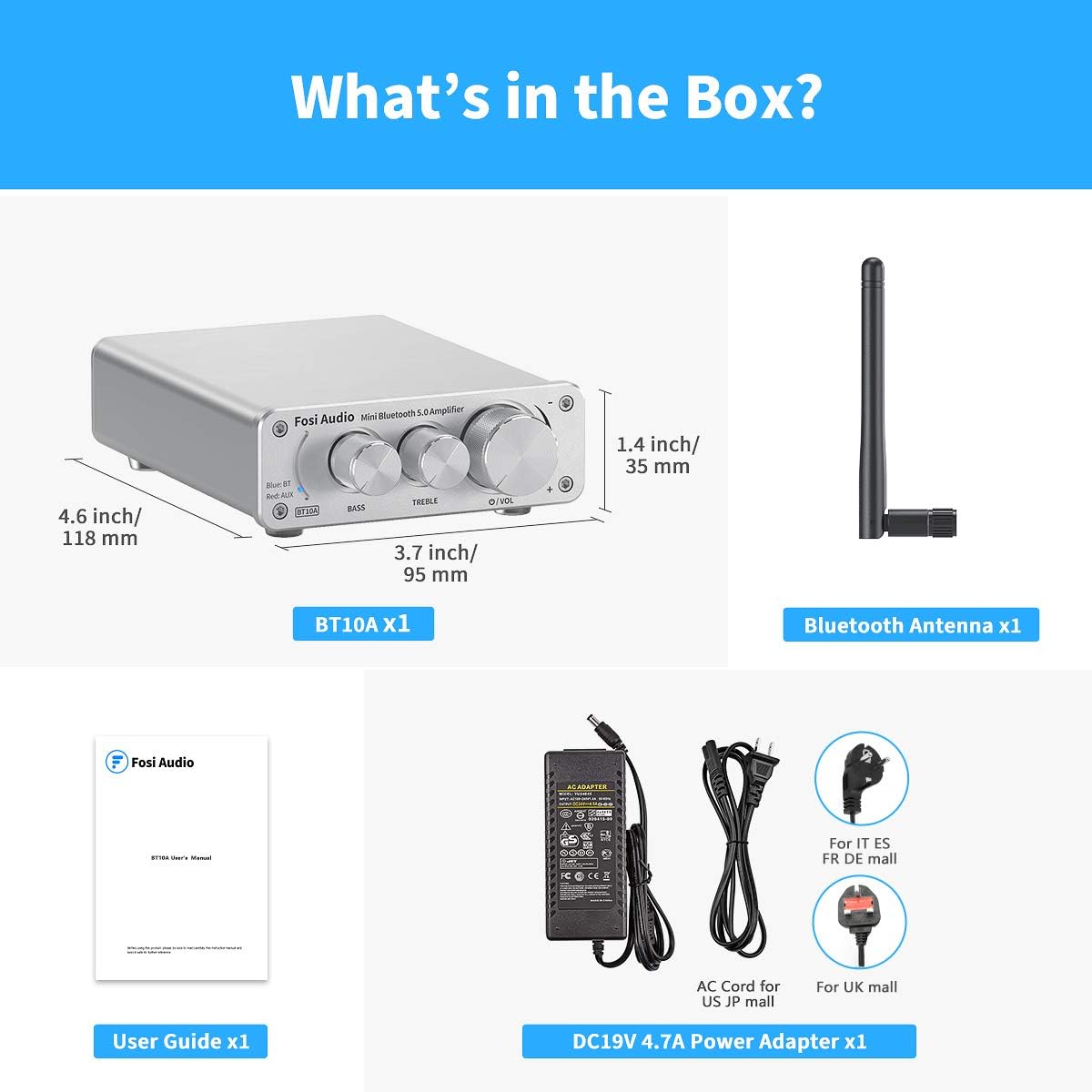 Bluetooth 5.0 Stereo Amplifier 2 Channel Mini Class D Integrated Amp with Power Supply Pack of 2 S4239