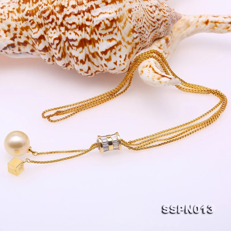 Genuine 13mm Round Golden South Sea Cultured Pearl Pendant Necklace 38" V547