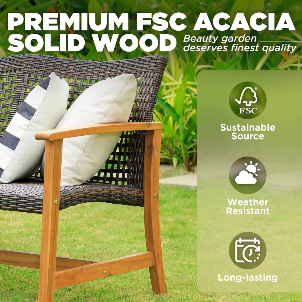 Teak Finish Acacia Patio Wicker Sofa Couch T40949