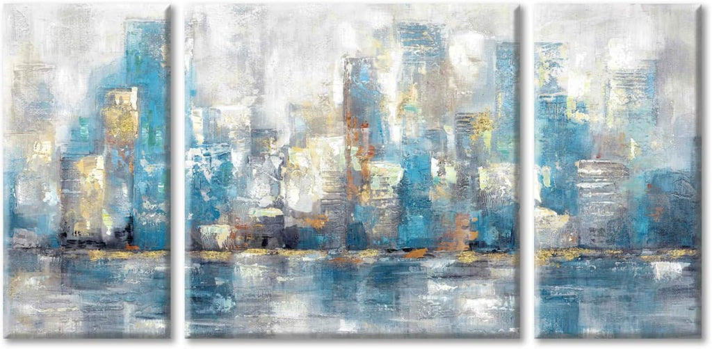 Blue Hand Painted Canvas Cityscape Wall Art, 24'' x 24'' + 24'' x 12'' x 2 Panels W788