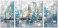 Blue Hand Painted Canvas Cityscape Wall Art, 24'' x 24'' + 24'' x 12'' x 2 Panels W788