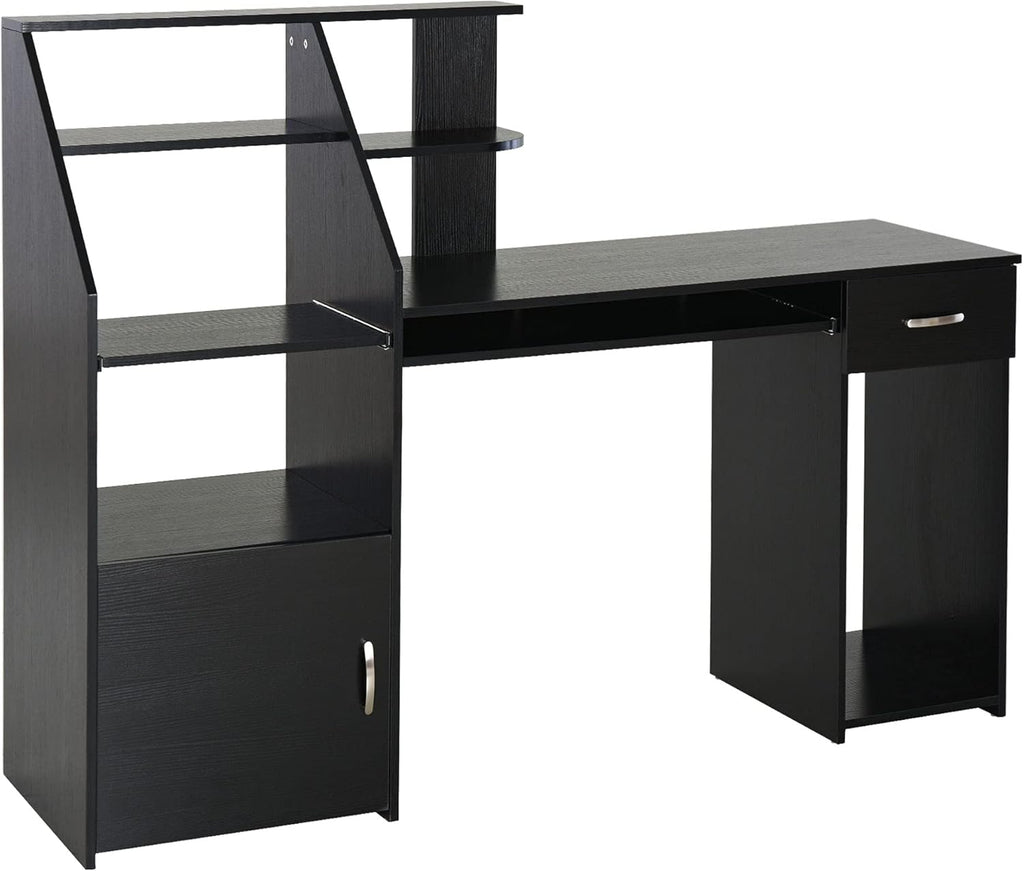 Black Wood Grain Computer Desk with Sliding Keyboard and Storage Shelves O4189