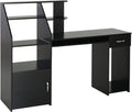 Black Wood Grain Computer Desk with Sliding Keyboard and Storage Shelves O4189