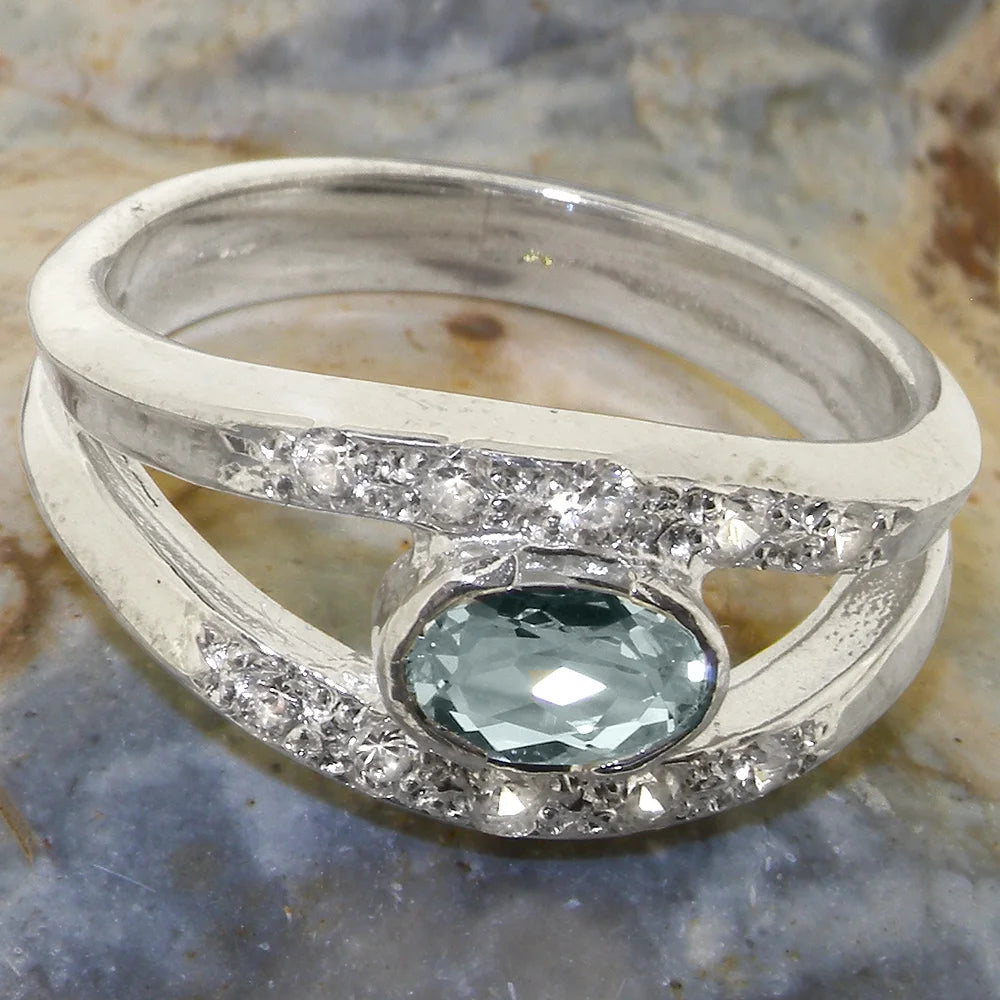 925 Sterling Silver Aquamarine & Diamond Engagement Ring A8971