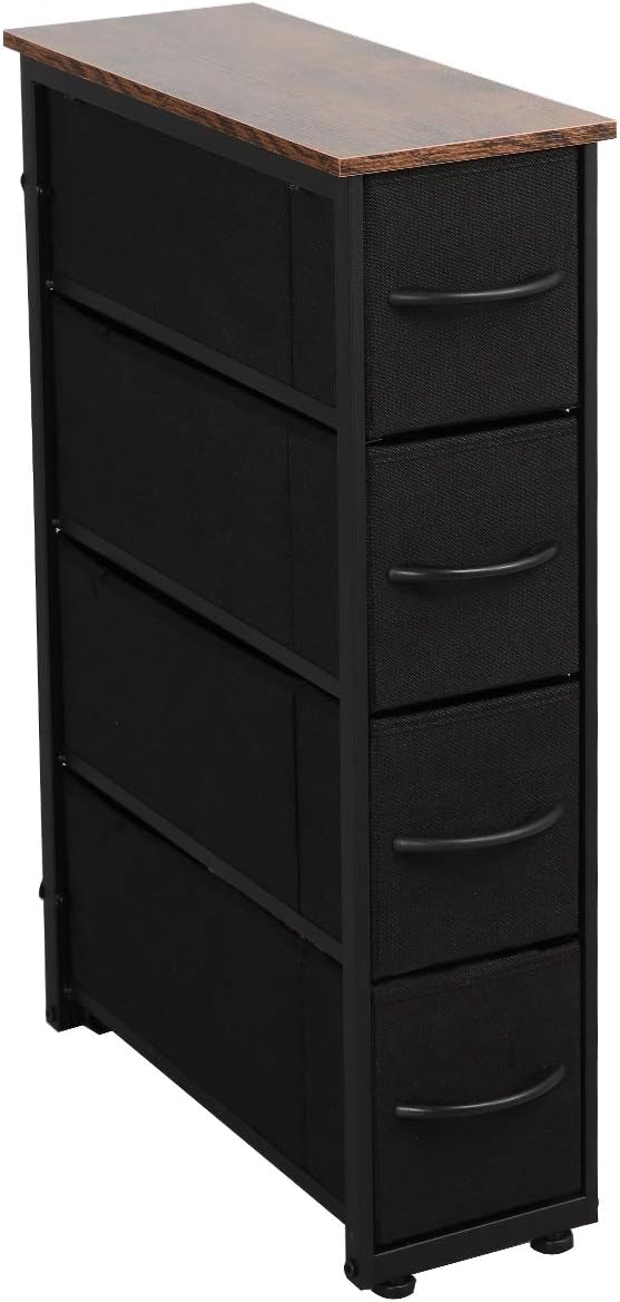 Black Vertical Dresser with 4 Drawers, Steel Frame, Wood Top, Fabric Bins A1032