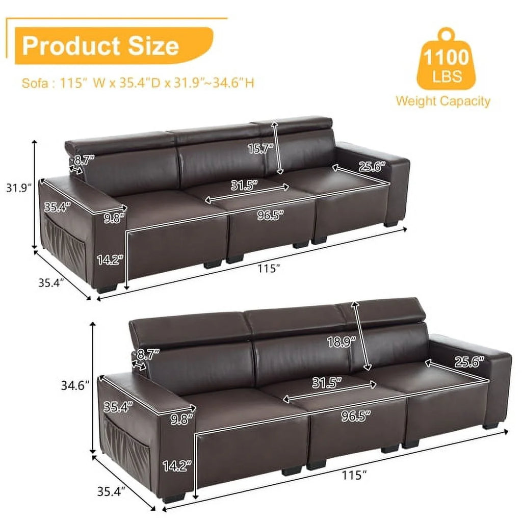Retro PU Three-Seater Sofa Brown X372