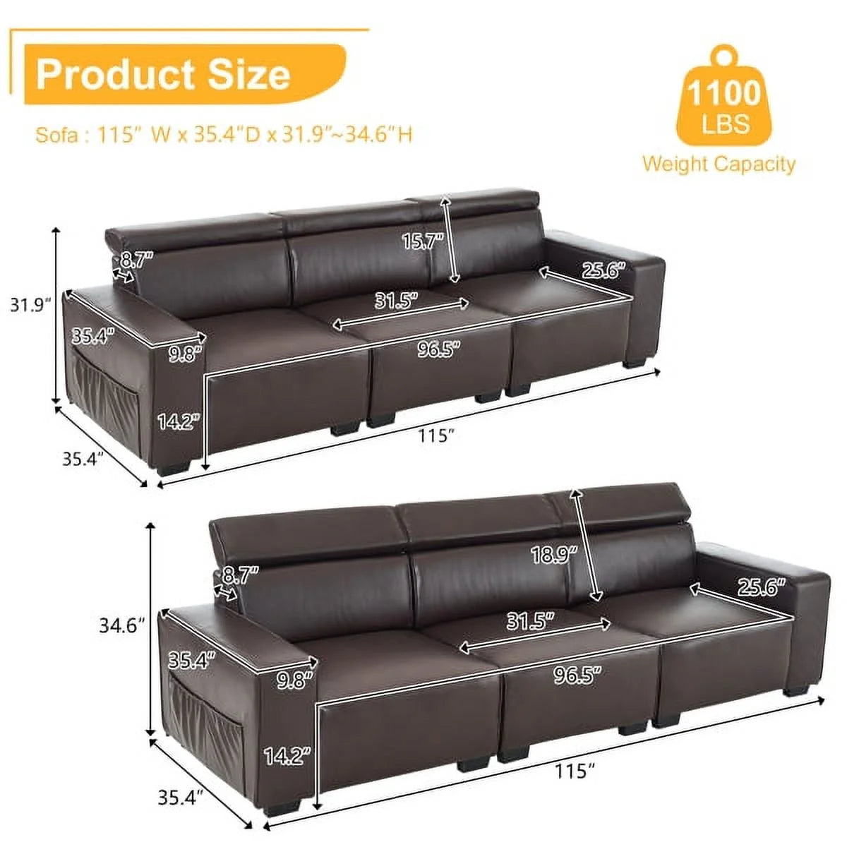 Retro PU Three-Seater Sofa Brown X372