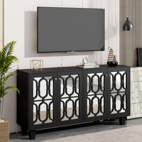 Black 4-Door Mirror Hollow-Carved Buffet Cabinet with Adjustable Shelves W9644