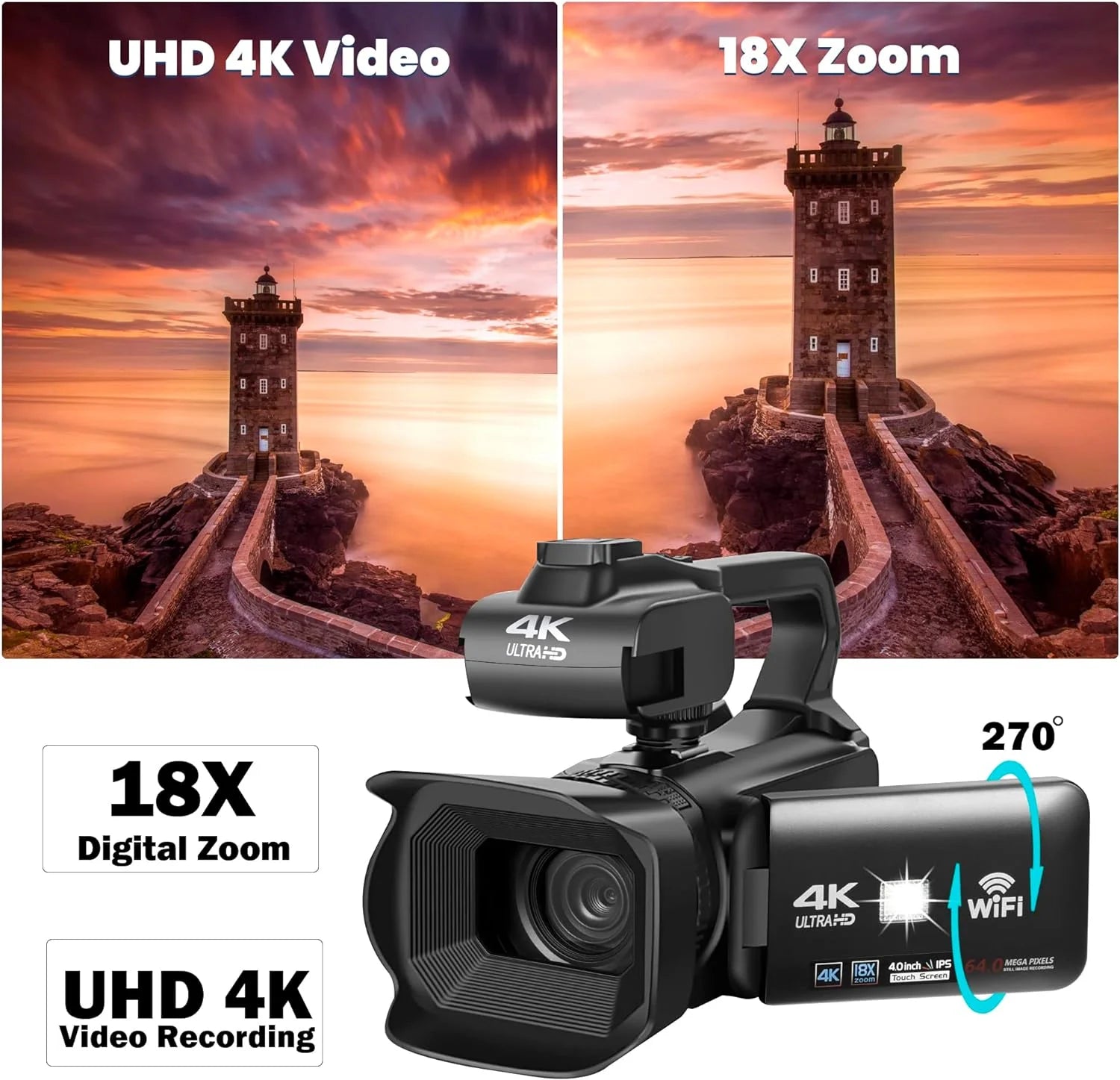4k Video Camera Camcorder with 18X Digital Zoom, 64MP, 4.0-inch Rotating Touchscreen, 64GB SD Card, Black C864