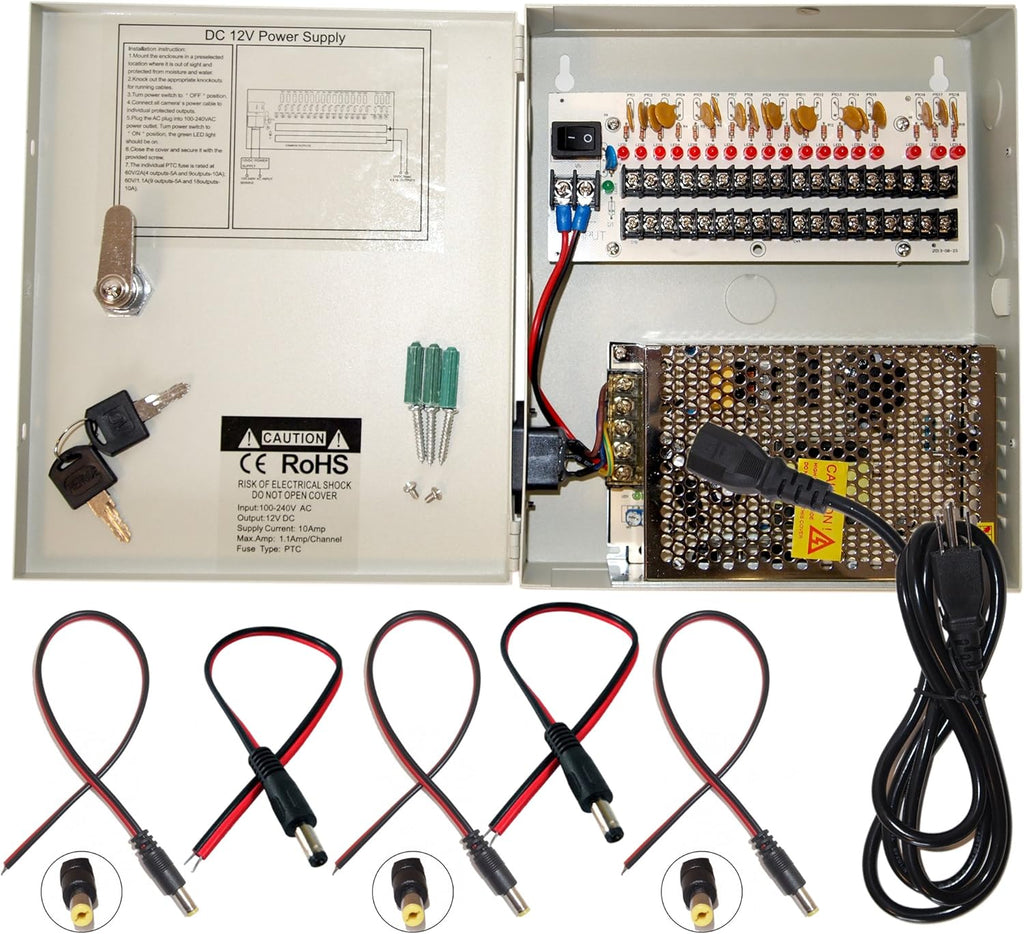 16 Channel 12 Volt DC Output CCTV Power Supply Box with 18 Pcs. DC Male Pigtail T432276