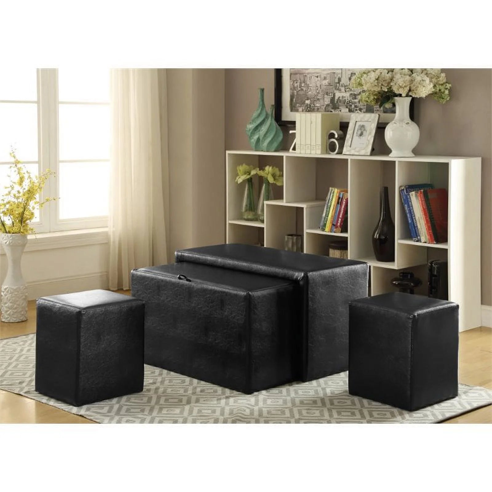 Faux Leather Bench and Ottoman Set in Dark Brown C464