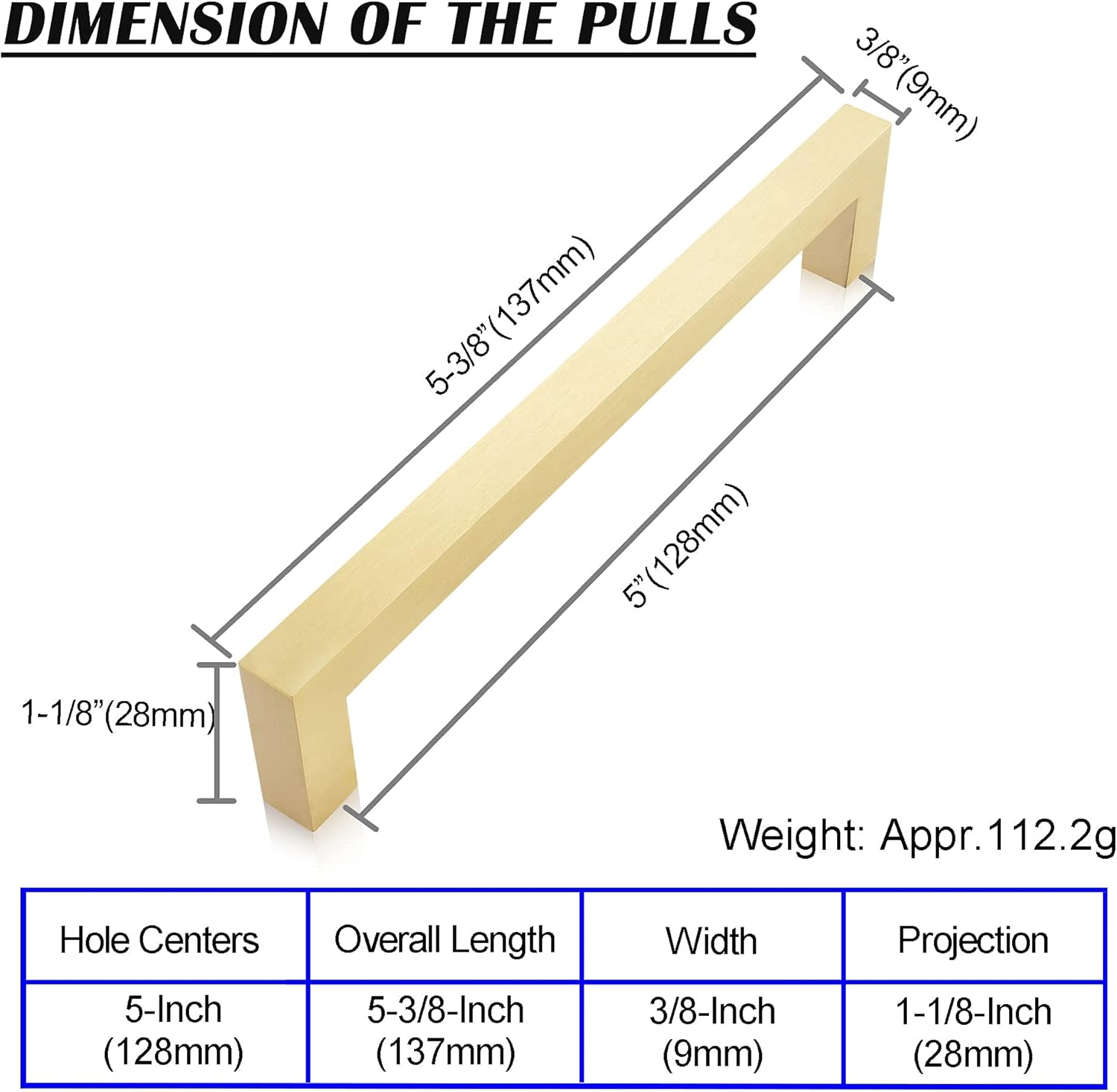 2-Pack Solid Brass Cabinet Handles, Gold Square Bar Cabinet Pulls, 5 Inch Hole Center Q7777