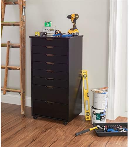 Black Eight Drawer Wood Rolling File Cabinet Storage Cart M33042