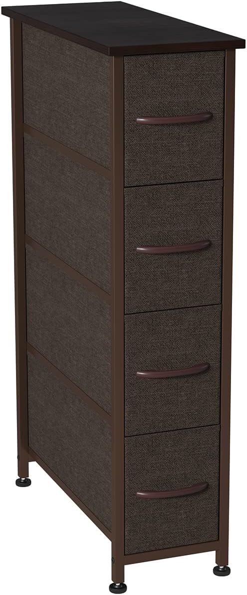 Black Vertical Dresser with 4 Drawers, Steel Frame, Wood Top, Fabric Bins A1032