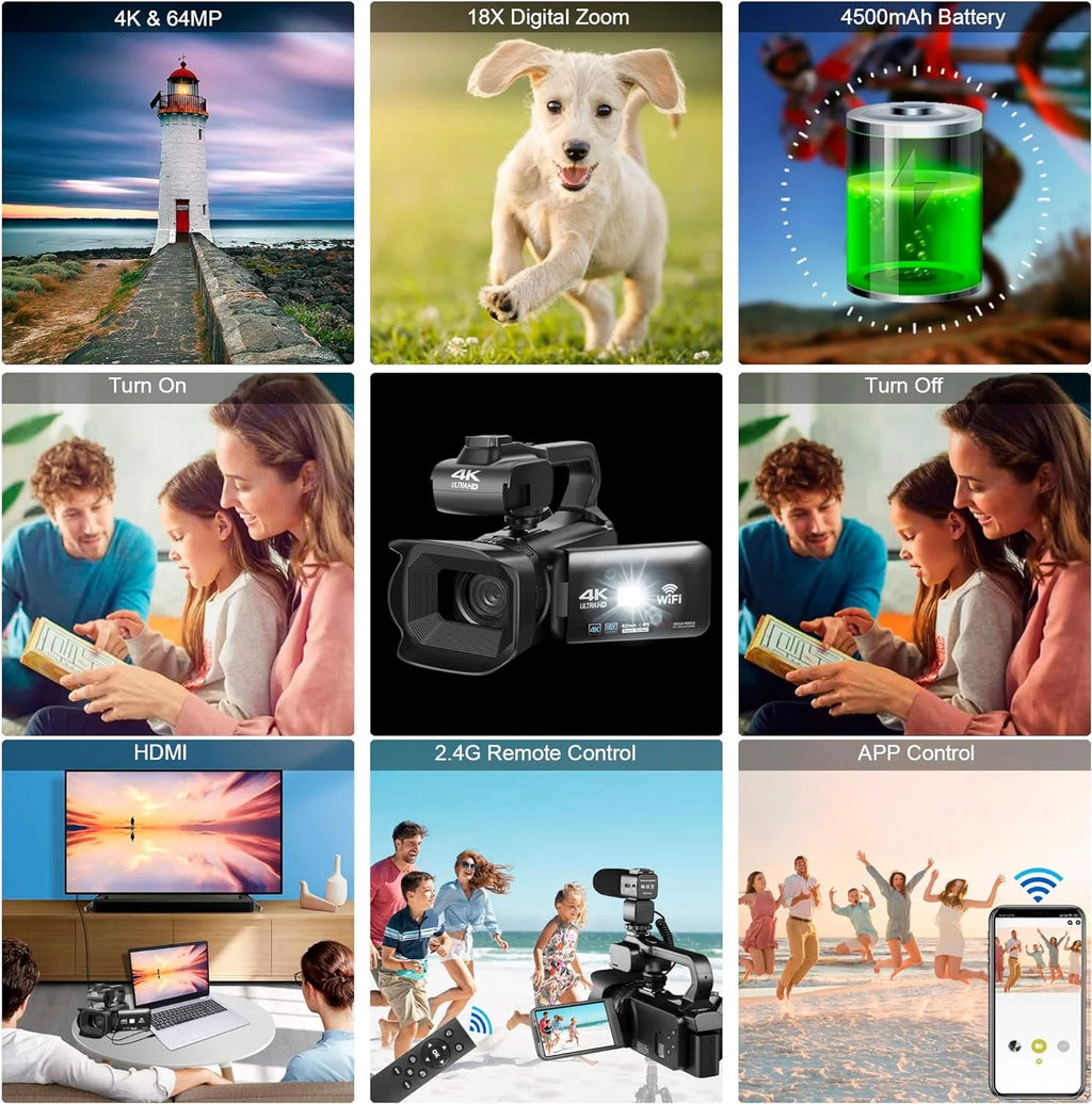 4k Video Camera Camcorder with 18X Digital Zoom, 64MP, 4.0-inch Rotating Touchscreen, 64GB SD Card, Black C864