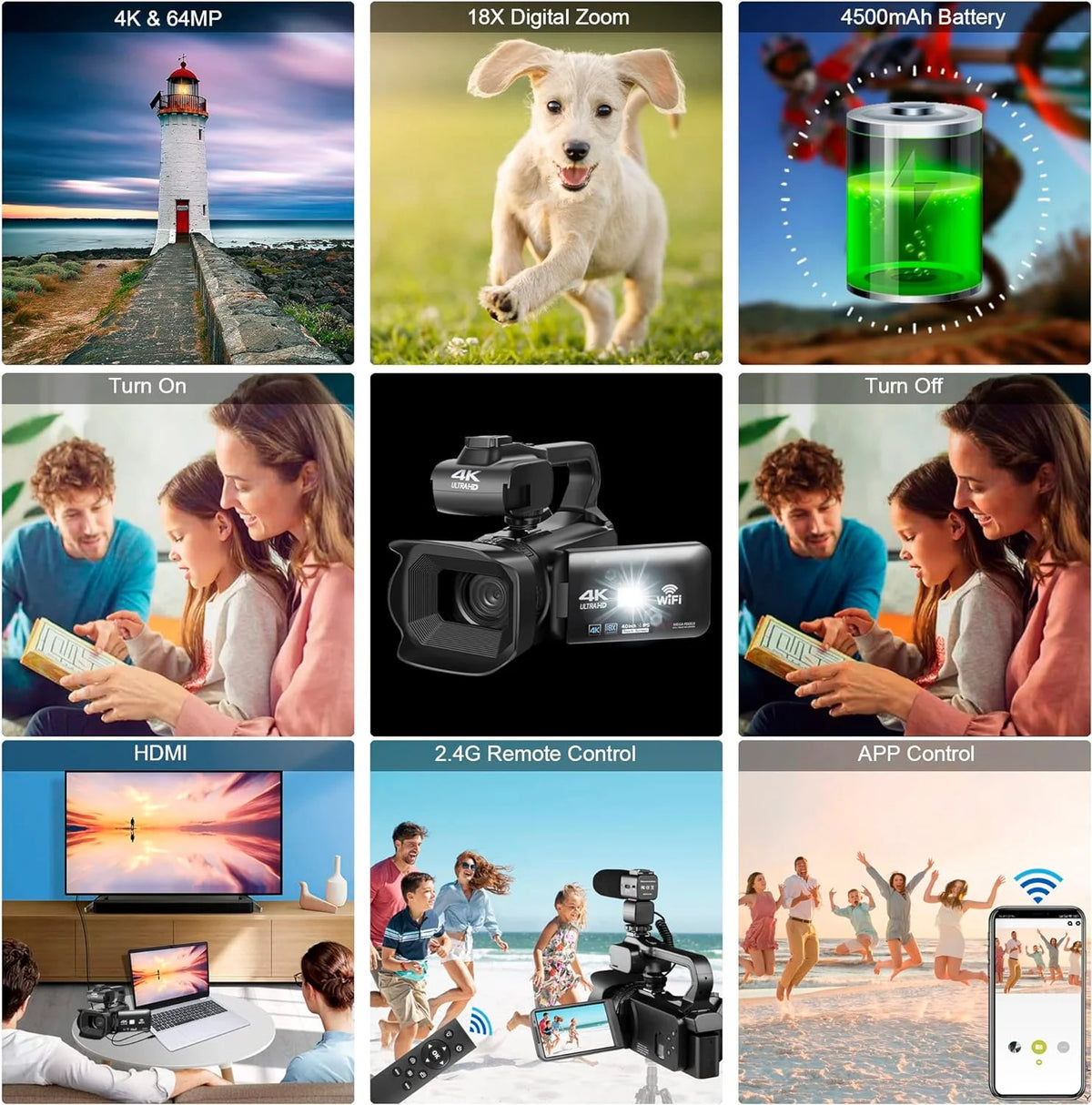4k Video Camera Camcorder with 18X Digital Zoom, 64MP, 4.0-inch Rotating Touchscreen, 64GB SD Card, Black C864