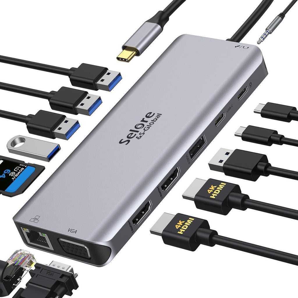 USB C Docking Station Dual Monitor 14 in 1 4K HDMI VGA Gigabit Ethernet 100W PD SD TF Card Reader 3.5mm Audio M407074