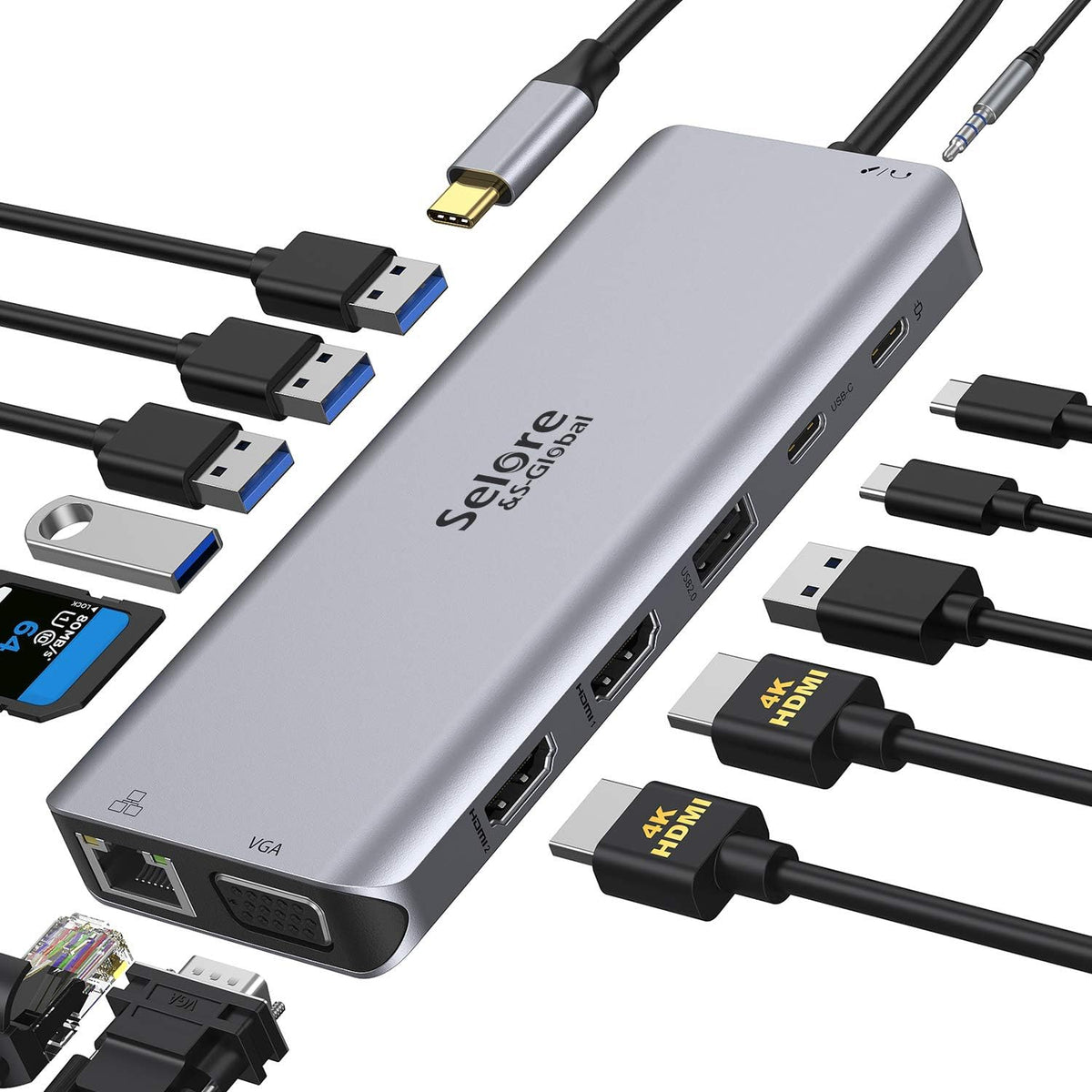 USB C Docking Station Dual Monitor 14 in 1 4K HDMI VGA Gigabit Ethernet 100W PD SD TF Card Reader 3.5mm Audio M407074