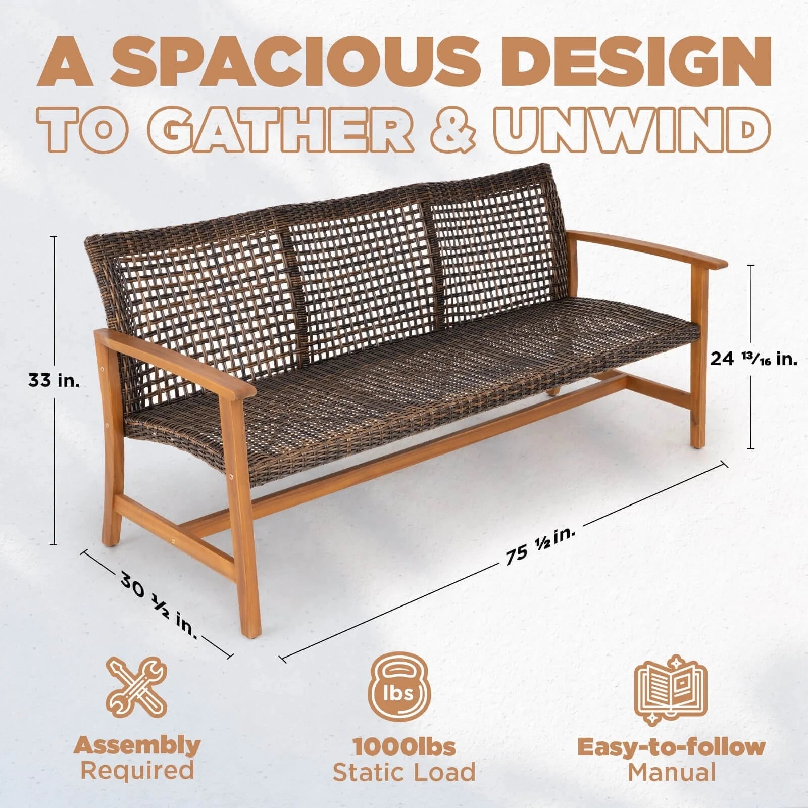 Teak Finish Acacia Patio Wicker Sofa Couch T40949