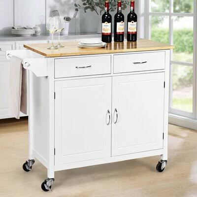White Rolling Kitchen Cart with Wooden Top Y2559