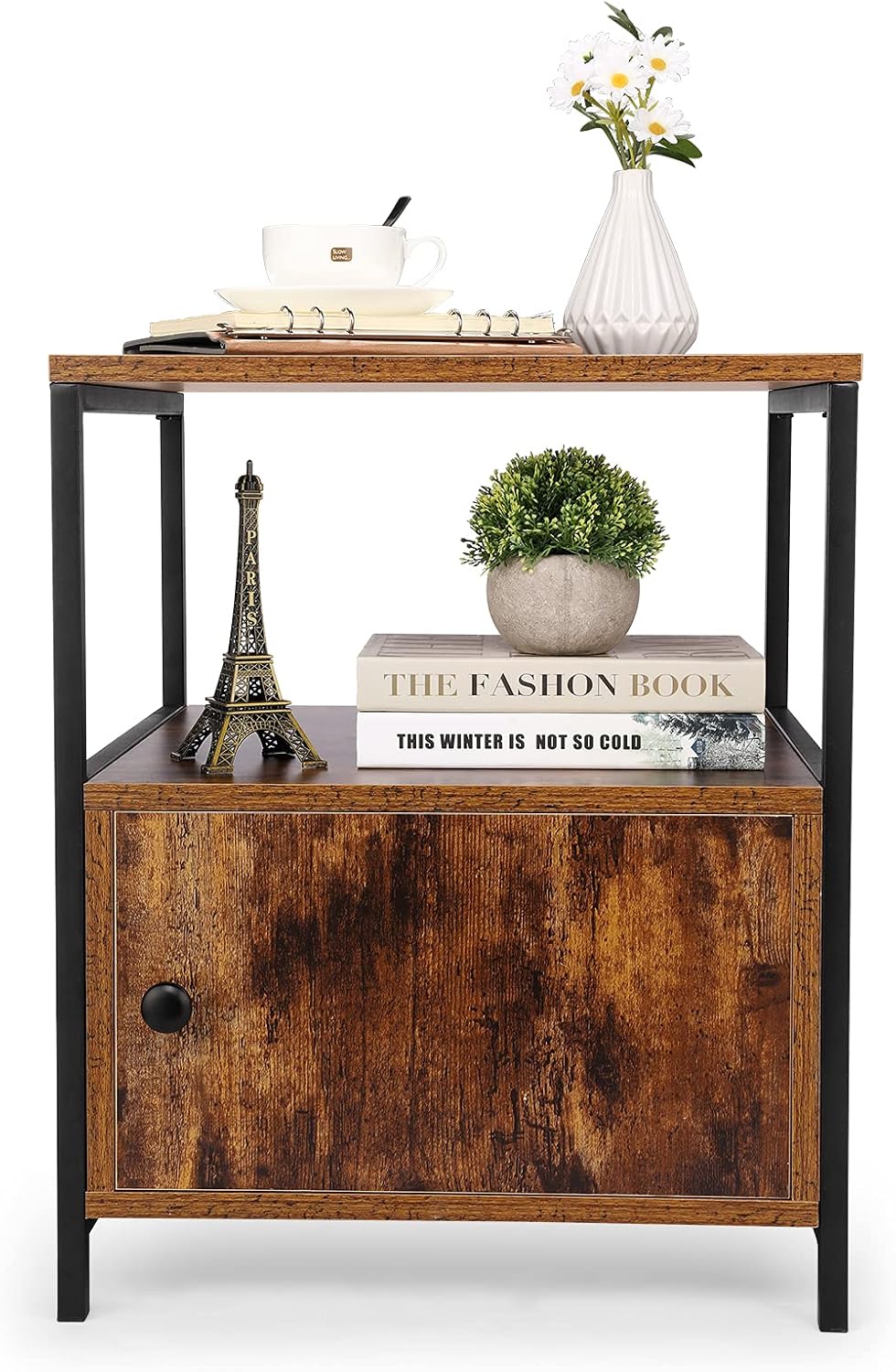 Rustic Brown 3-Tier Nightstand with Steel Frame X286