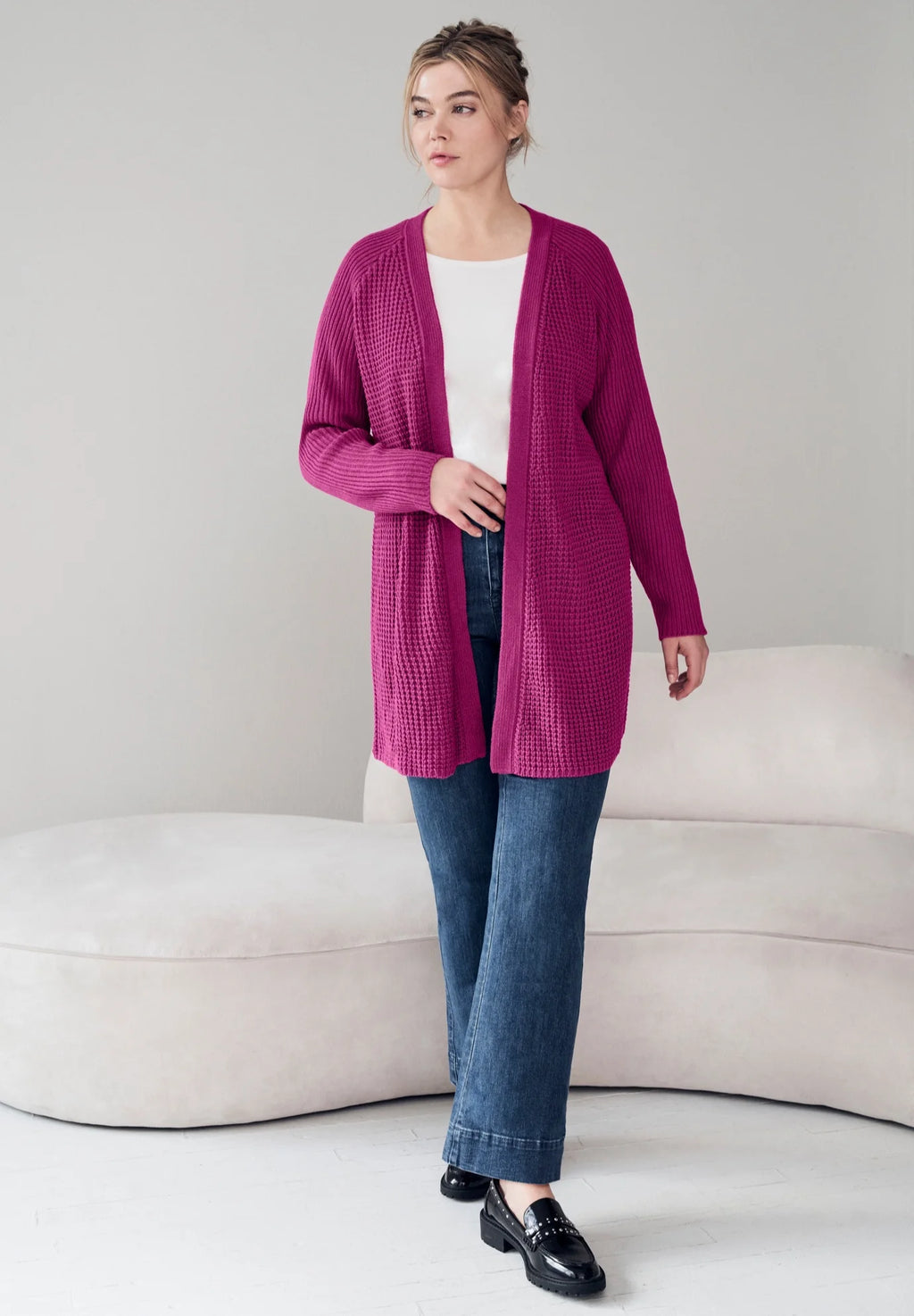 Dusty Purple Plus Size Open Front Waffle Cardigan T278684