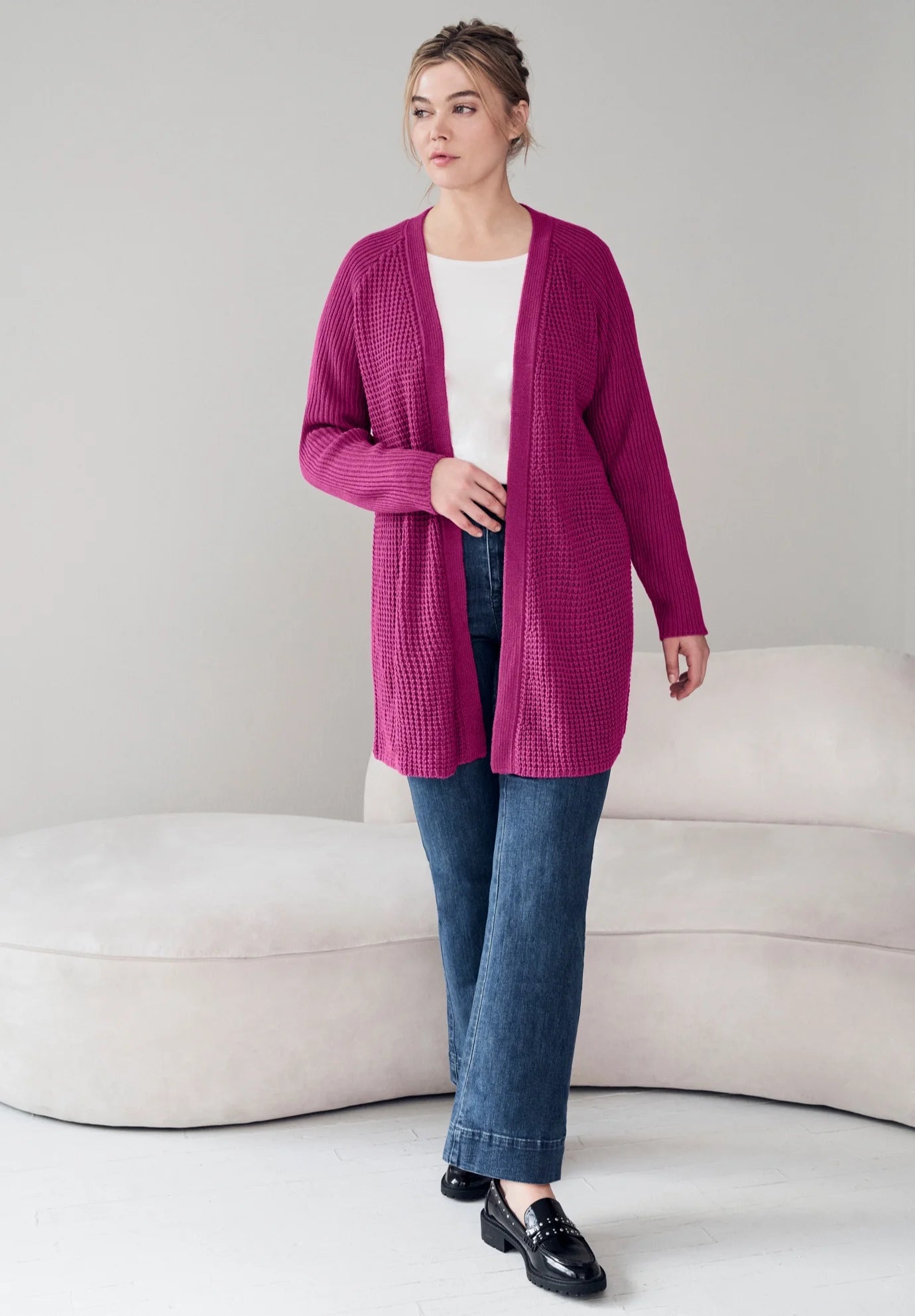 Dusty Purple Plus Size Open Front Waffle Cardigan T278684