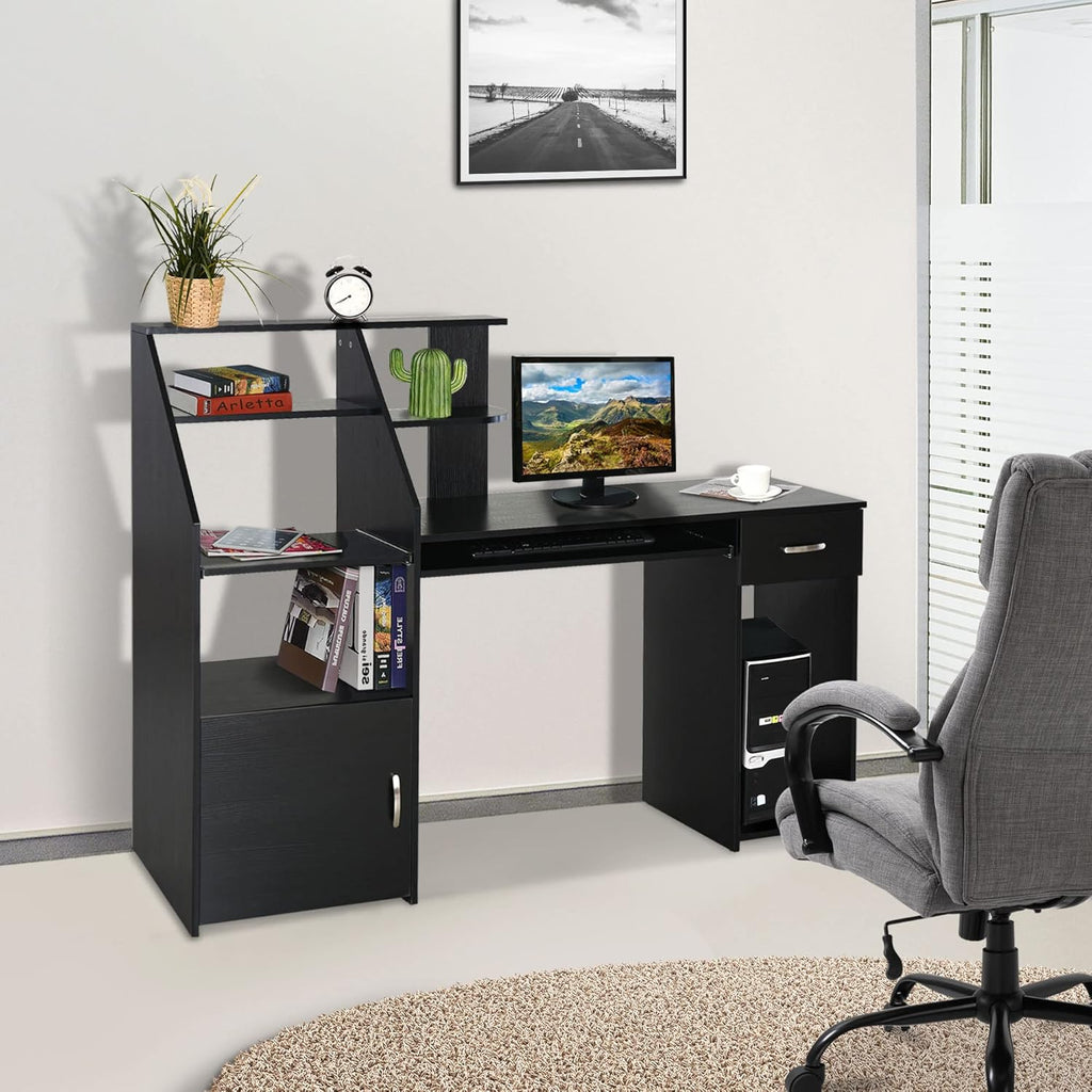 Black Wood Grain Computer Desk with Sliding Keyboard and Storage Shelves O4189