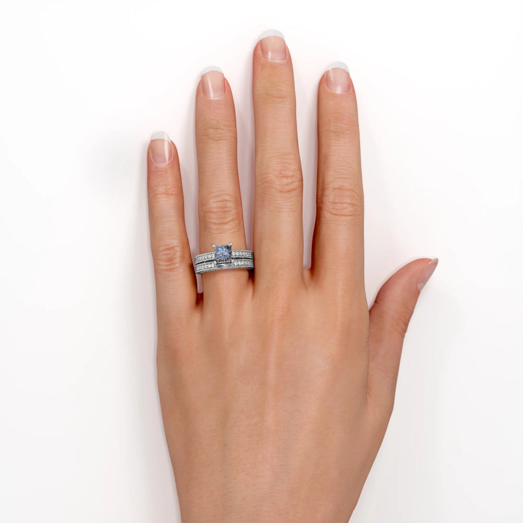 1 Carat Princess Cut Gray Salt and Pepper Diamond Bridal Set in 18K White Gold Plating over Silver L34150