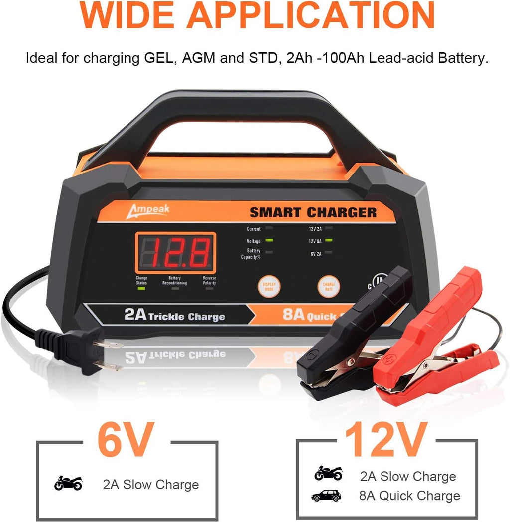 6V 12V Smart Car Battery Charger and Maintainer 2A 8A with Cable Clamps S7182