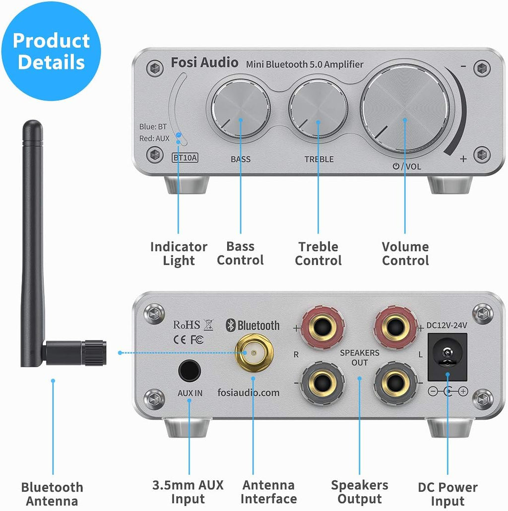 Bluetooth 5.0 Stereo Amplifier 2 Channel Mini Class D Integrated Amp with Power Supply Pack of 2 S4239