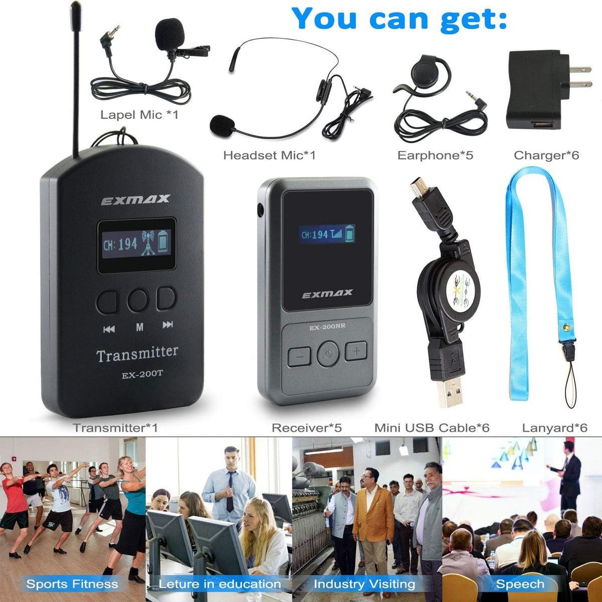 UHF Wireless Simultaneous Translation System Transmitter Receiver 200 Channels 1 Transmitter & 5 Receivers K248983