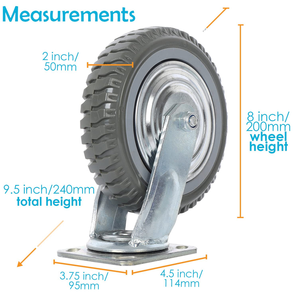 8 Inch Heavy Duty Swivel Caster Wheels Set of 4 Grey Rubber Cast Iron R697