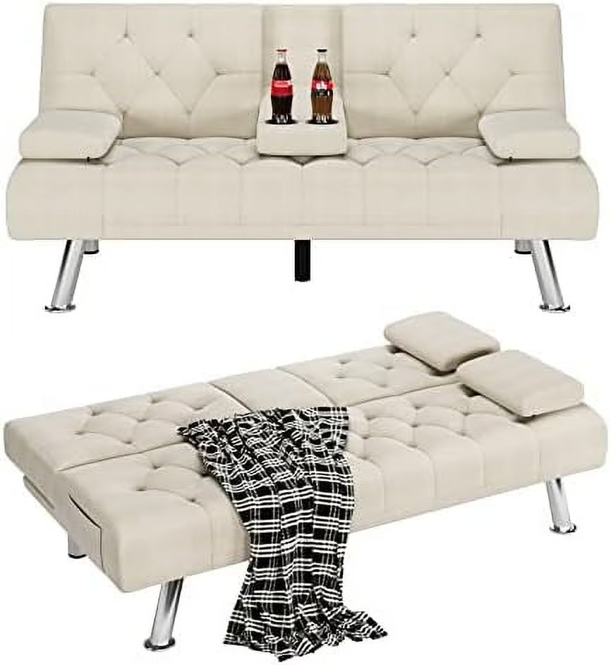 Dark Grey Upholstered Convertible Futon Sofa Bed with Metal Legs P141078