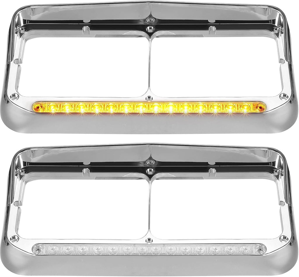 2x Chrome Headlight Bezels with LED Light Strip Bar V3779