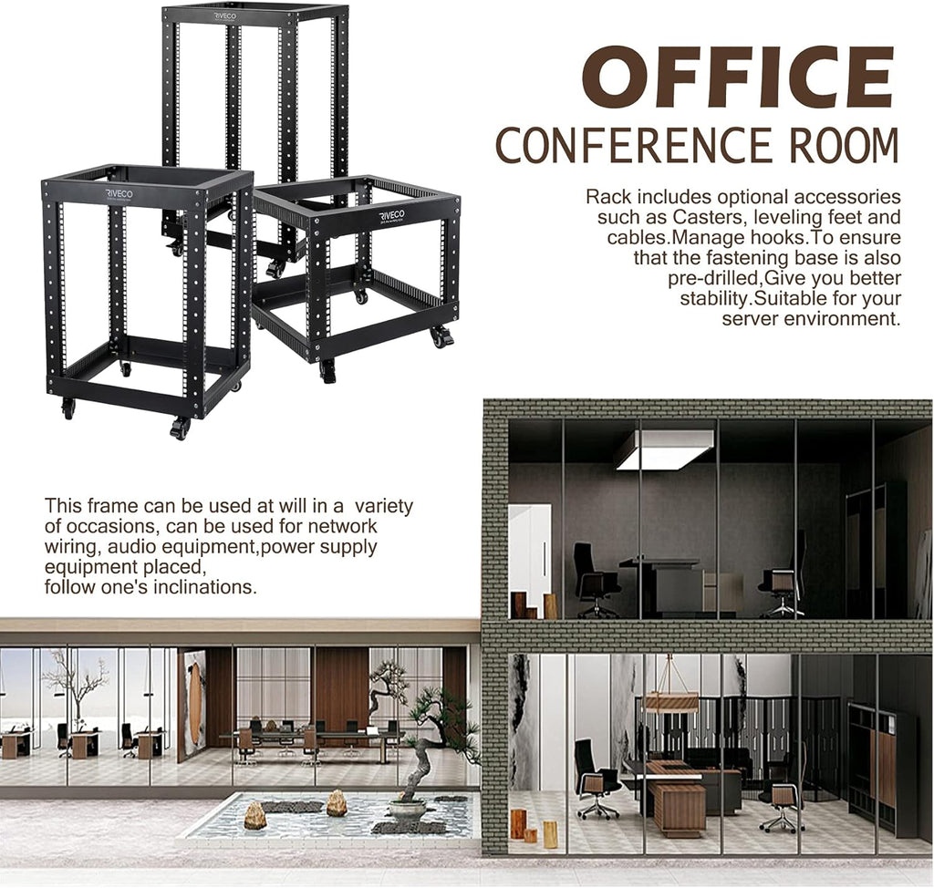 18U 4 Post Open Frame Server Rack with Brake Casters Black Q697888