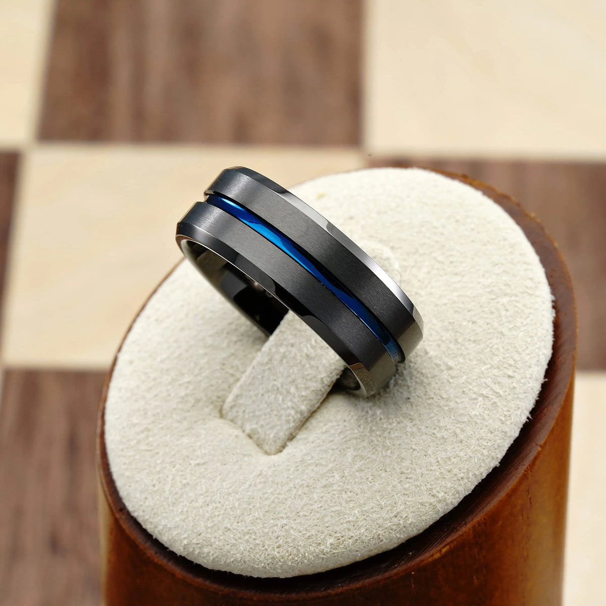 Gunmetal Gray Tungsten Ring Blue Groove Line Wedding Band Size 6.5 O338
