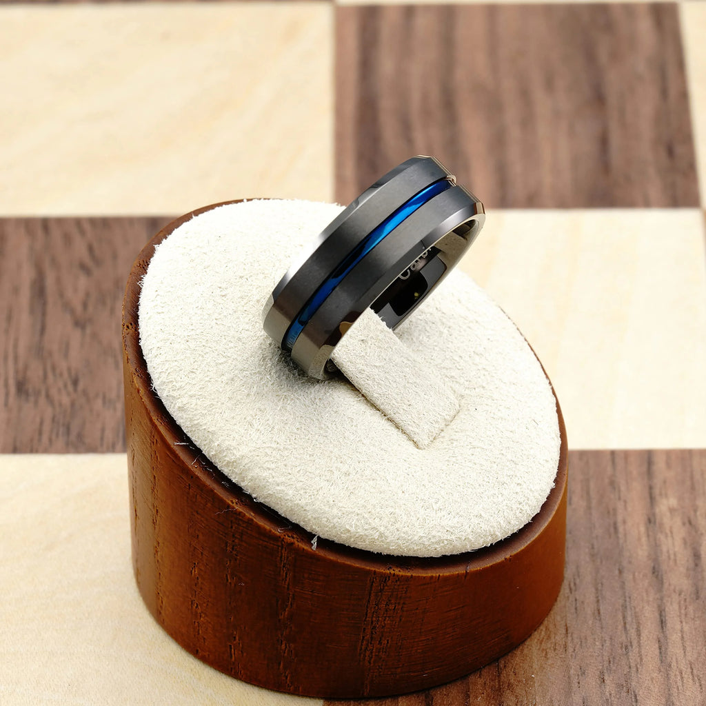 Gunmetal Gray Tungsten Ring Blue Groove Line Wedding Band Size 6.5 O338