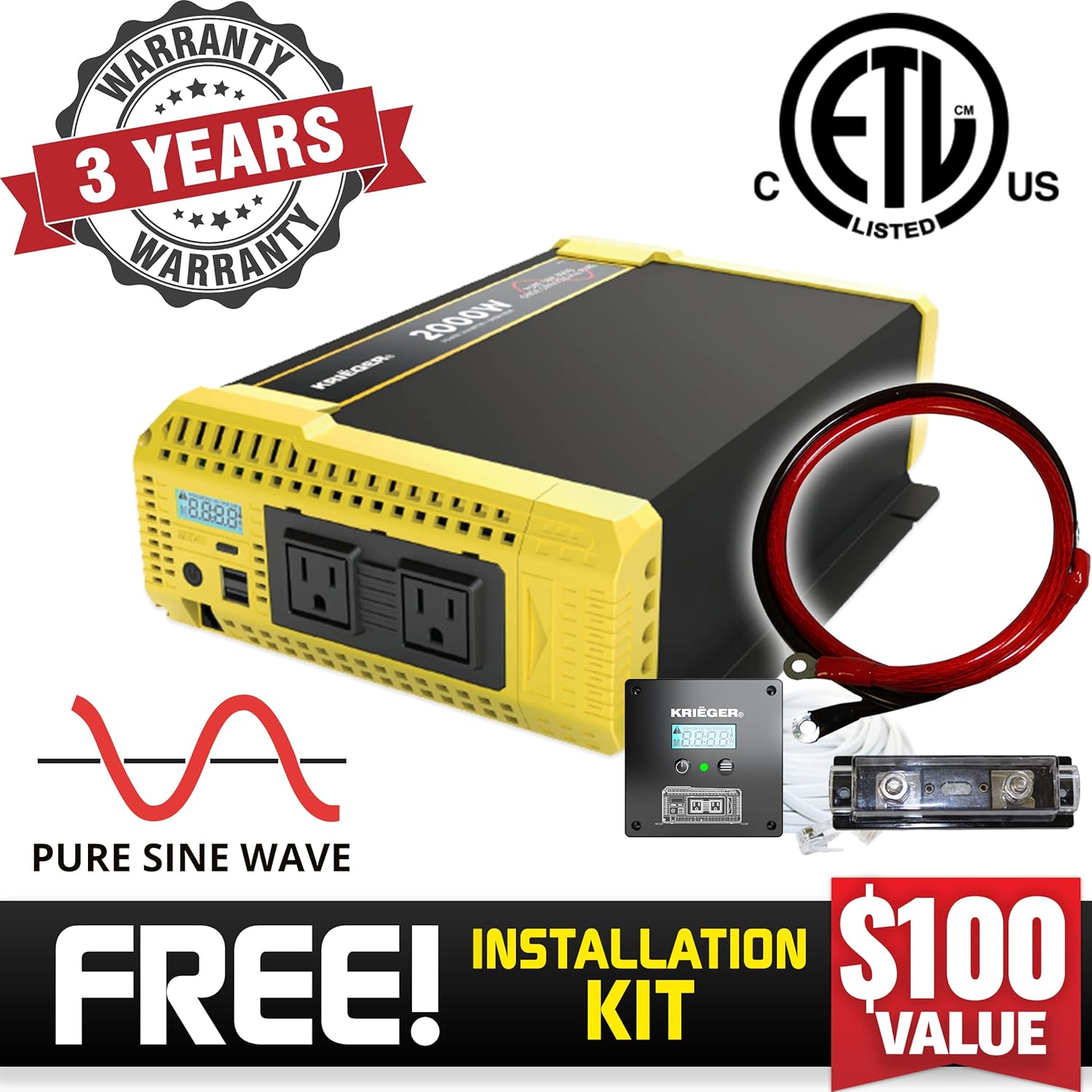 2000 Watt 12V Pure Sine Power Inverter Dual USB & AC Outlets A891