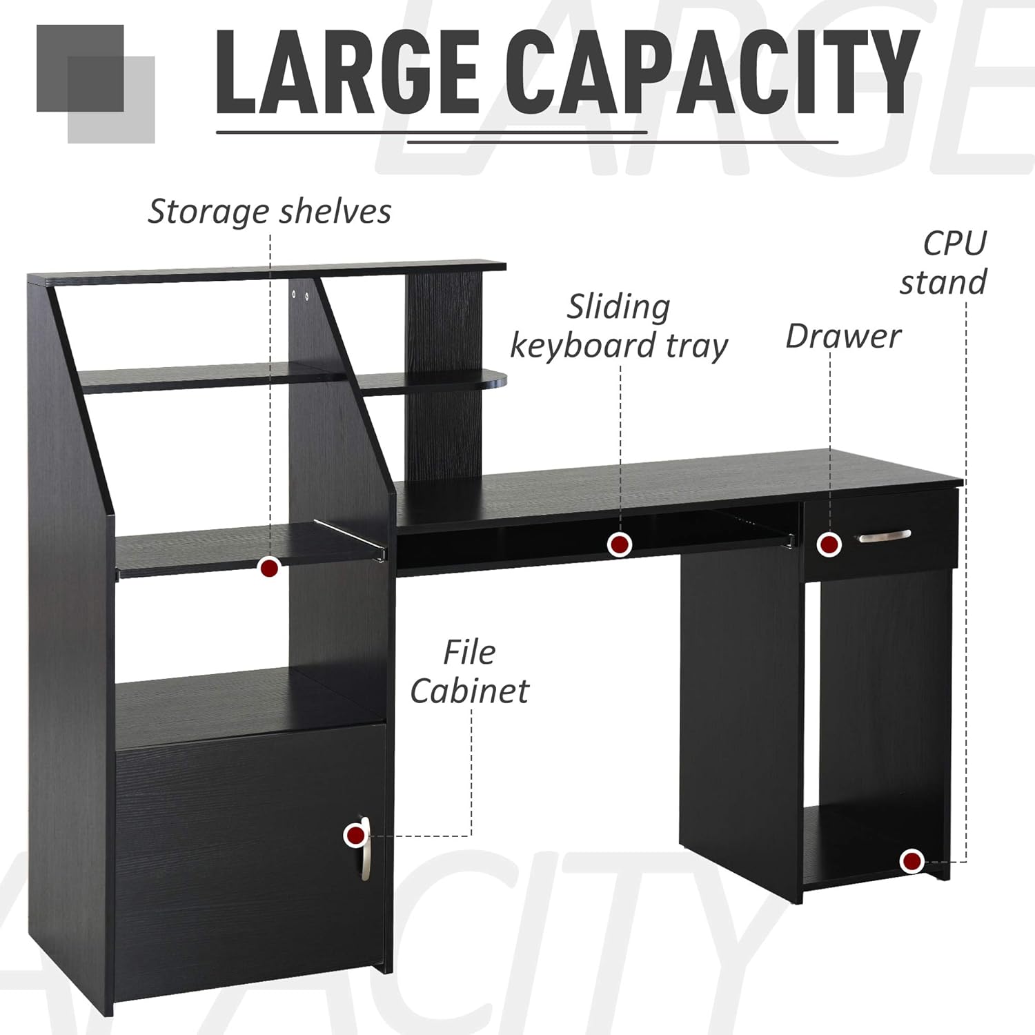 Black Wood Grain Computer Desk with Sliding Keyboard and Storage Shelves O4189