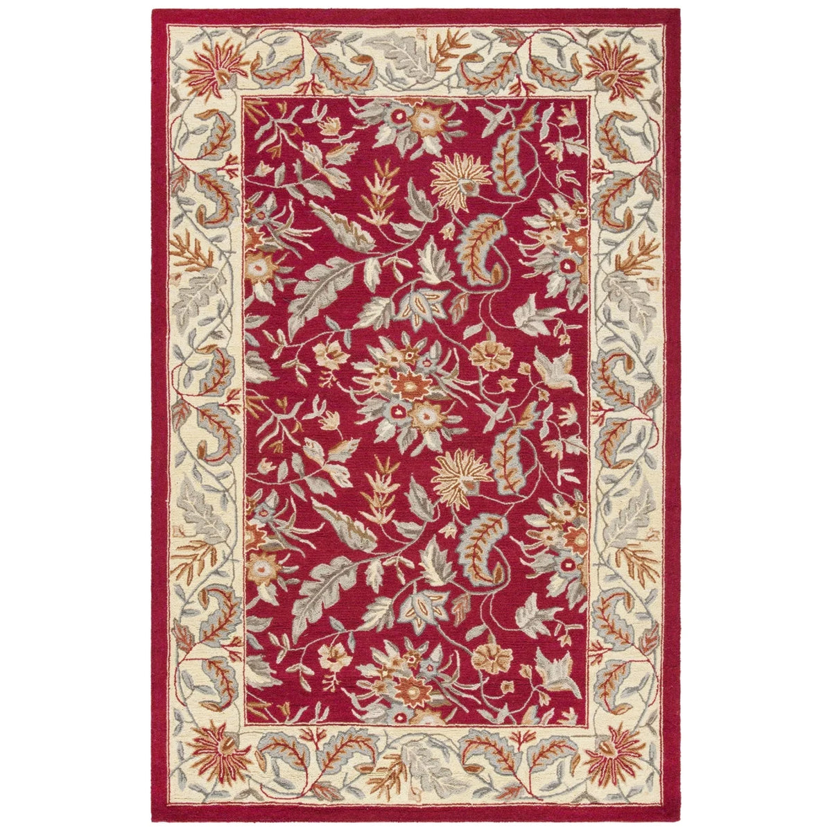 Red Floral Wool Runner Rug B900525