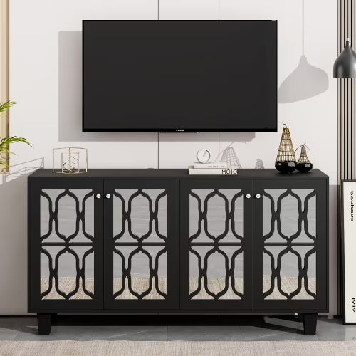 Black 4-Door Mirror Hollow-Carved Buffet Cabinet with Adjustable Shelves W9644