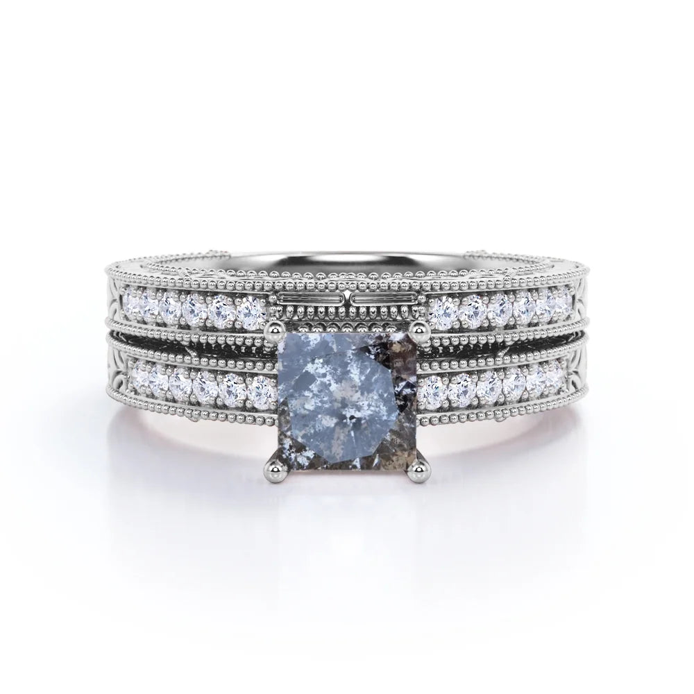 1 Carat Princess Cut Gray Salt and Pepper Diamond Bridal Set in 18K White Gold Plating over Silver L34150
