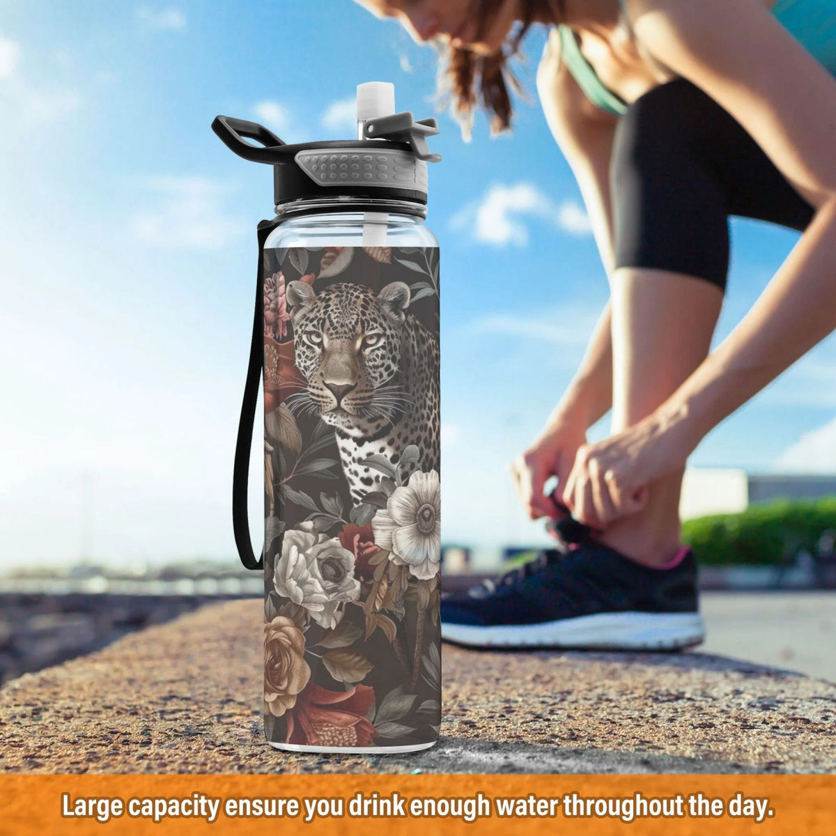 Leopard in Flowers 32oz Tritan Sports Water Bottle with Straw C30249