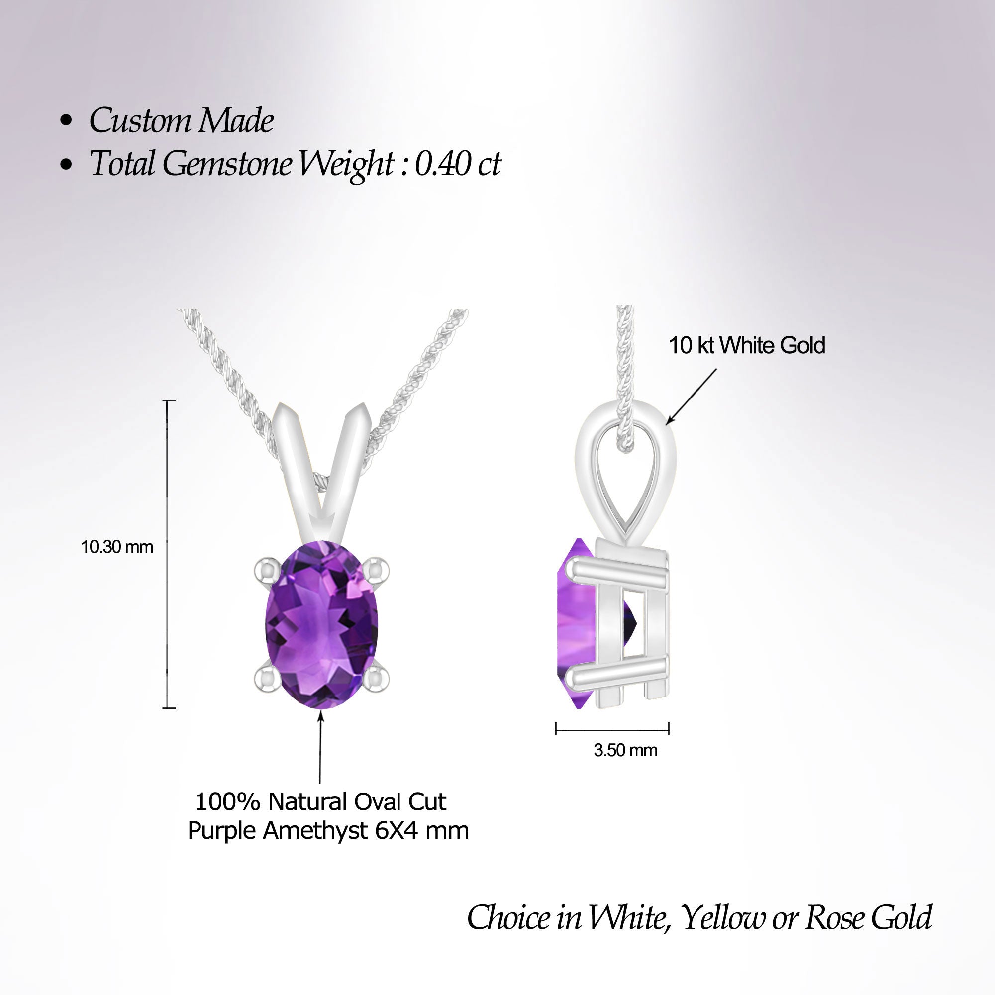 Oval Amethyst 10K White Gold Solitaire Pendant Necklace S162