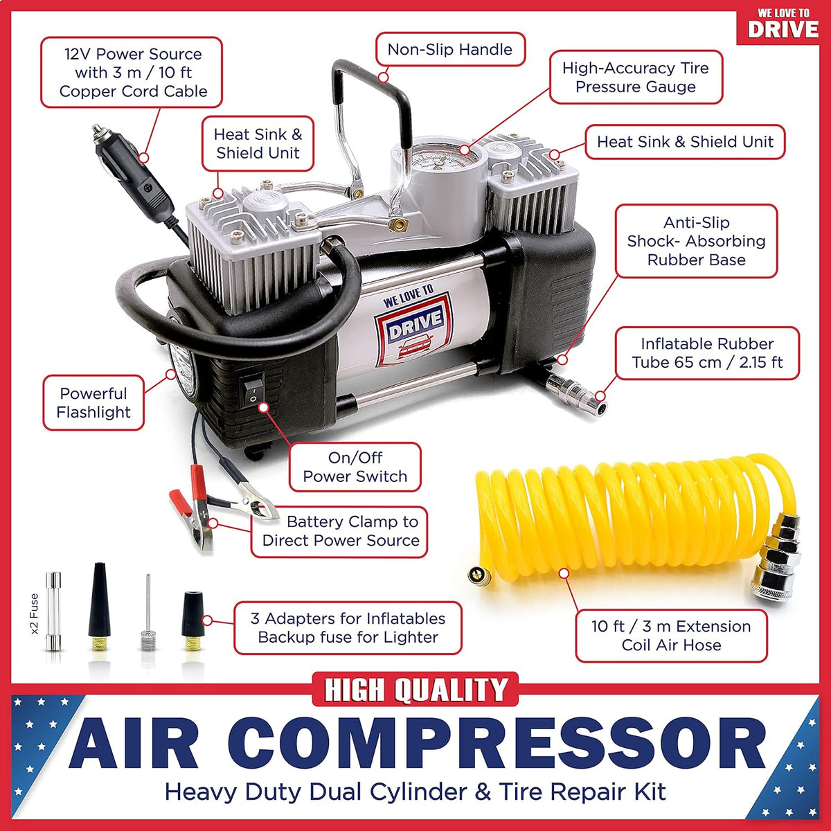Portable Air Compressor Tire Inflator with Tire Repair Kit, 12V DC Air Pump, 150 PSI Gauge, Carry Case, Pack of 2 P969