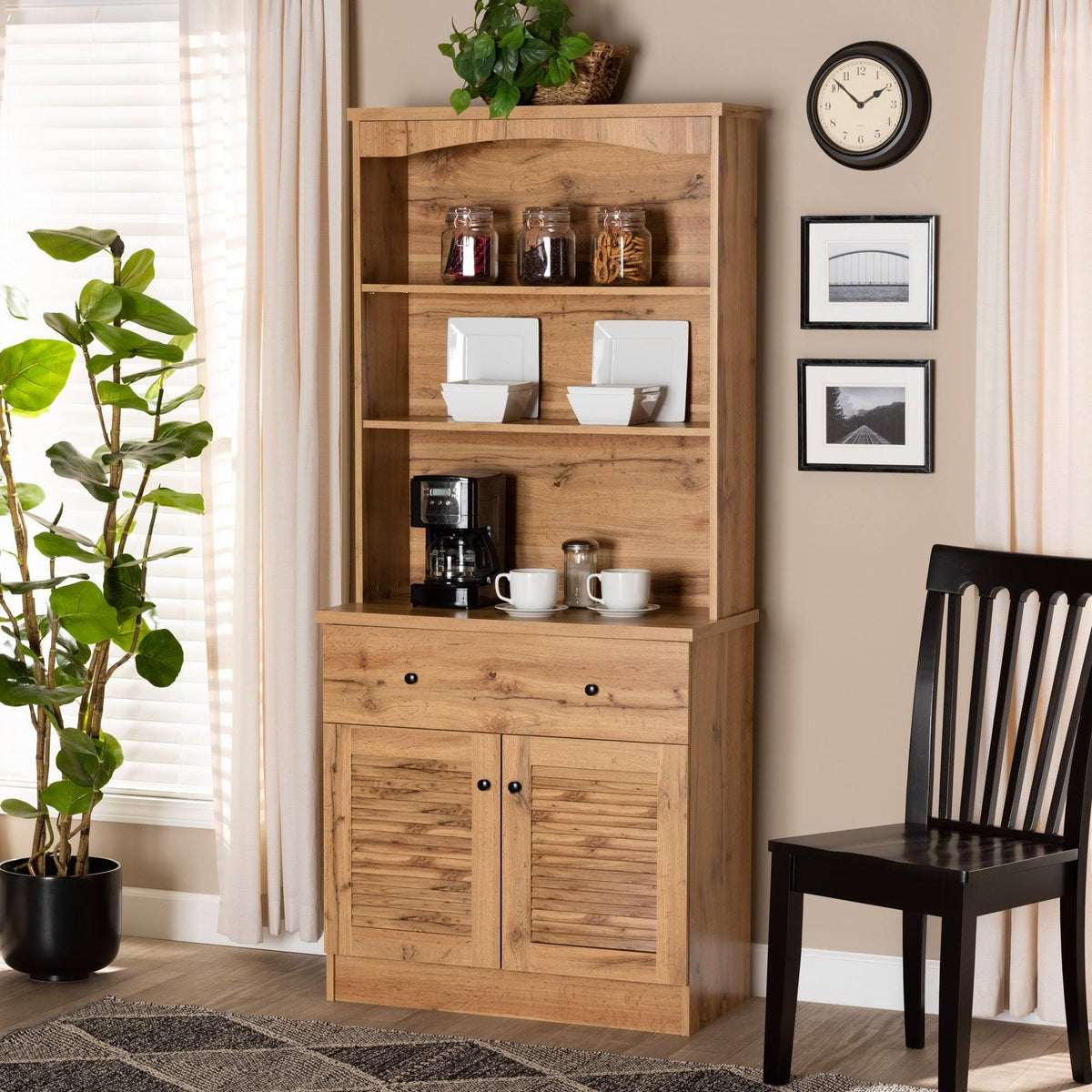 Modern Oak Brown Finished Wood Buffet and Hutch Cabinet H235