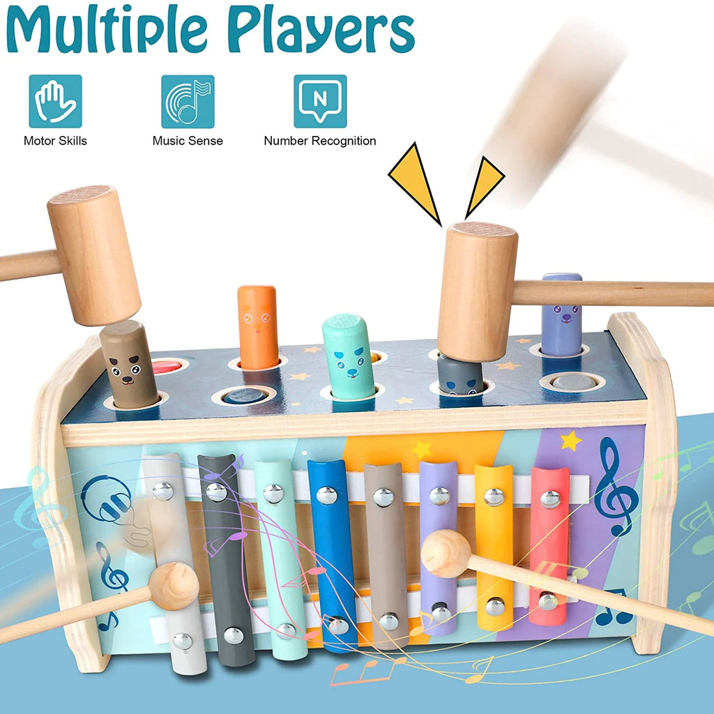 Wooden Hammering Pounding Toy with Pounding Bench, Xylophone, Number Sorting Maze E4157